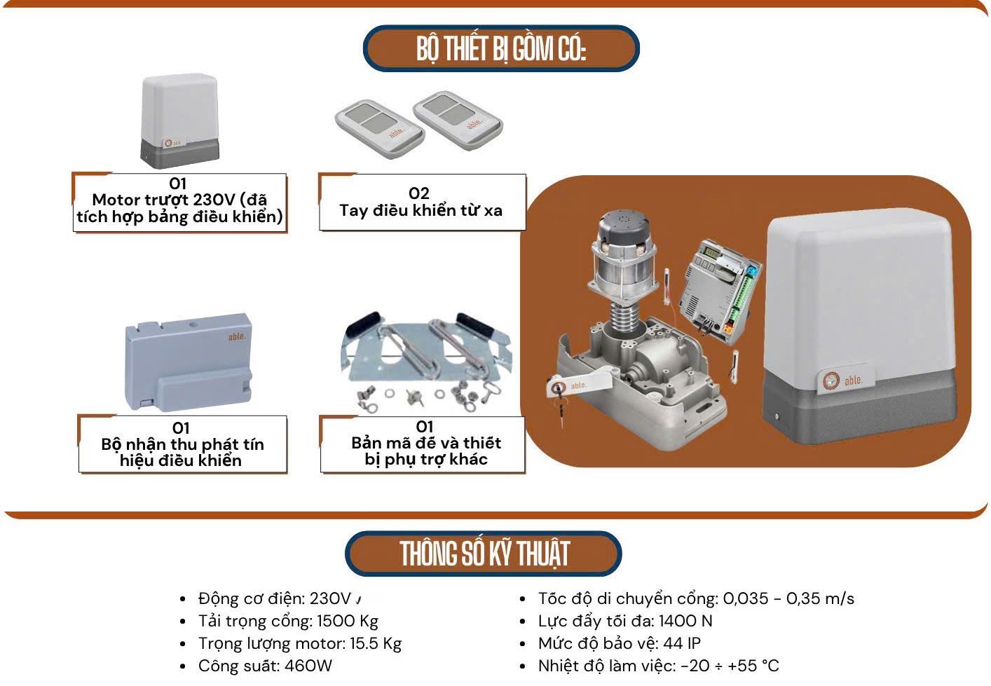 Motor lùa tự động ABEL 1500KG Bộ cổng lùa tự động SL MEDIUM 1500KG